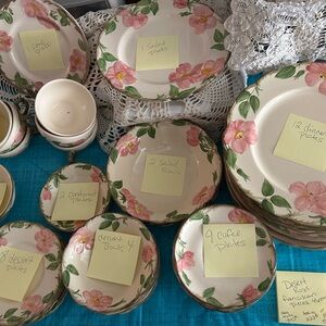 Franciscan Pink Rose Stoneware Dinnerware Set with Green Leaves